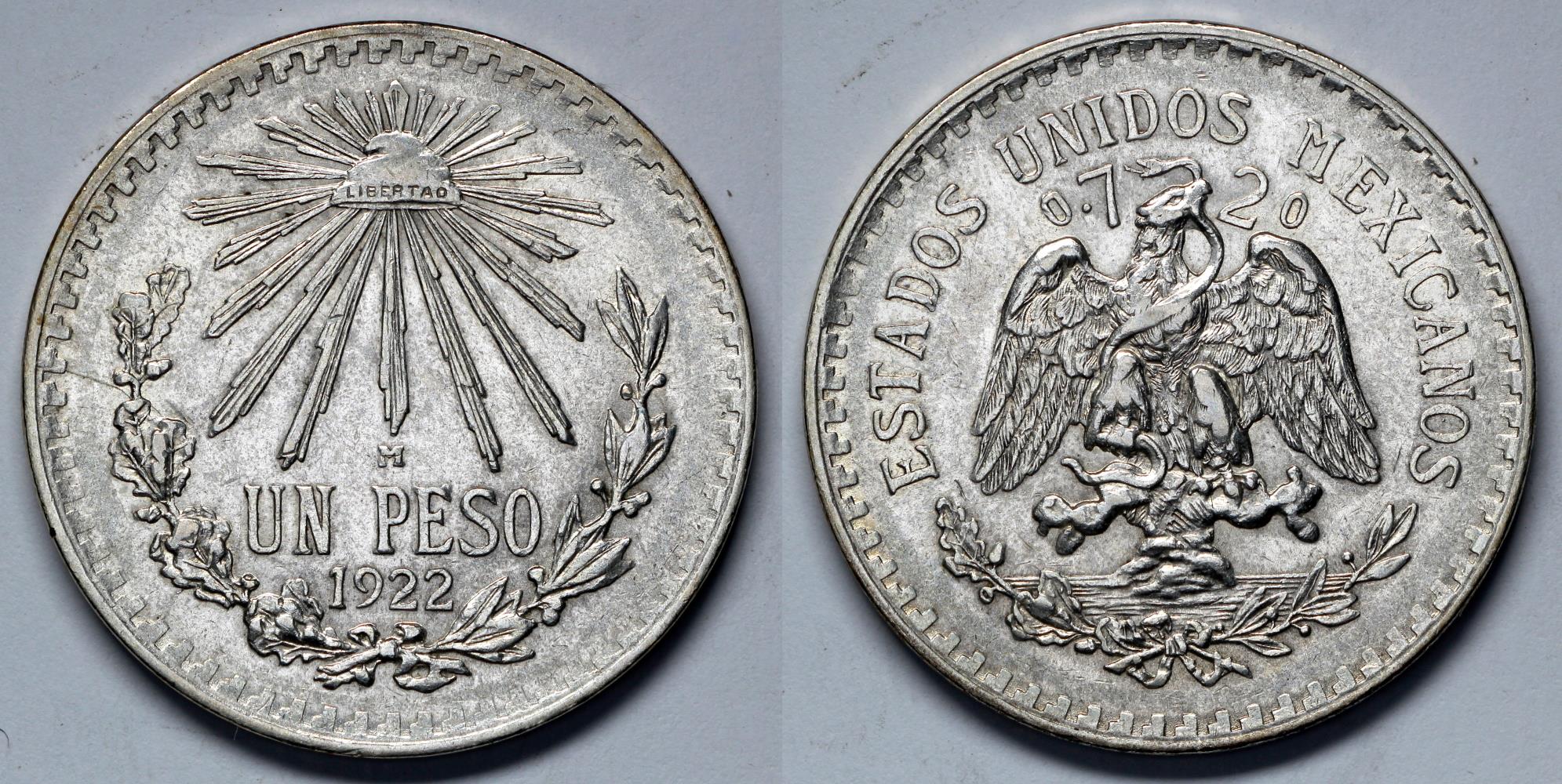 1922 M Mexico 1 Peso - United Mexican States - AU Silver | North