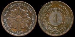 World Coins - 1869 A Uruguay 4 Centesimos AU