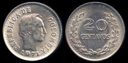 World Coins - 1971 Colombia 20 Centavo BU