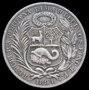 World Coins - 1894 TF Peru 1 Sol XF