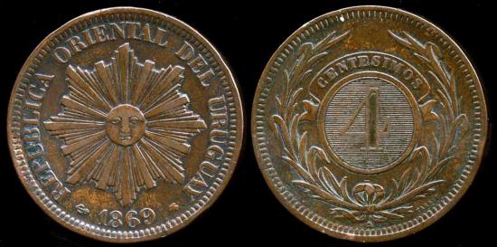 World Coins - 1869 A Uruguay 4 Centesimos AU