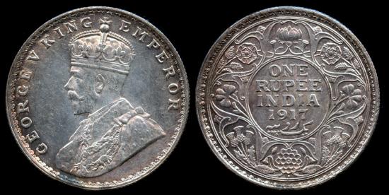 World Coins - 1917 (b) India (British) 1 Rupee AU