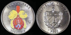World Coins - 2001 Cuba 1 Peso - Multi-colored Yellow Orchids - Caribbean Fauna - BU (Tiny Mintage)