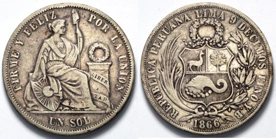 1866 YB Peru 1 Sol - 1866/56 Type I - Santiago Issue - XF Silver