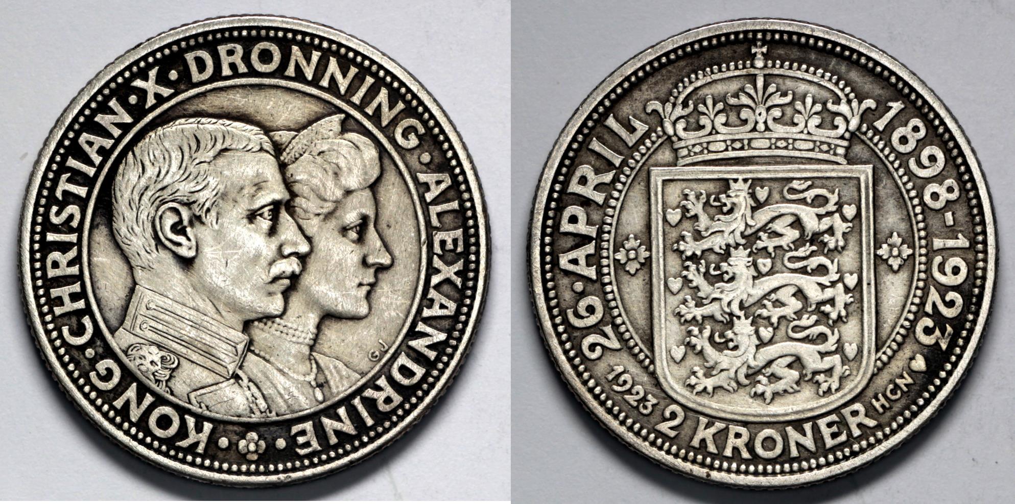1923年デンマーク 2クローナ銀貨クリスチャン10世王妃アレクサンドリーネ 1923 Denmark 2 Kroner - Silver Wedding Anniversary - Christian X