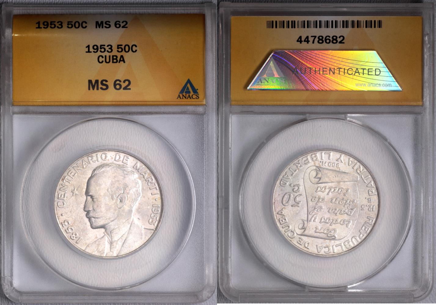 1953 Cuba 50 Centavos - 100th Anniversary of José Martí Birthdate