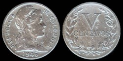 World Coins - 1946 Colombia 5 Centavo (small date) F