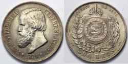 World Coins - 1889 Brazil 500 Reis - Petrus II - AU Silver