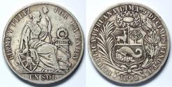 World Coins - 1892 TF Peru 1 Sol - Republic Coinage - XF Silver
