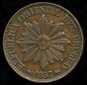 World Coins - 1857 D Uruguay 5 Centesimos AU