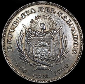 1908 CAM El Salvador 1 Peso - Christopher Columbus Commemorative Silver - AU