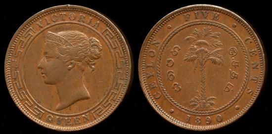 World Coins - 1890 Ceylon (British) 5 Cents AU