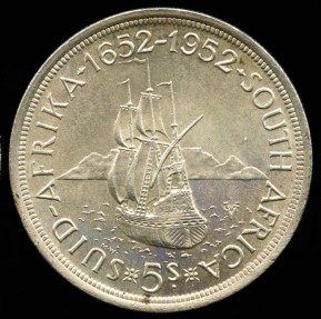 World Coins - 1952 South Africa 5 Shillings - George VI - 300th Anniversary - Founding of Cape Town - Silver Commemorative UNC