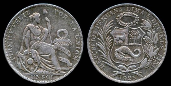 World Coins - 1925 Peru 1 Sol XF