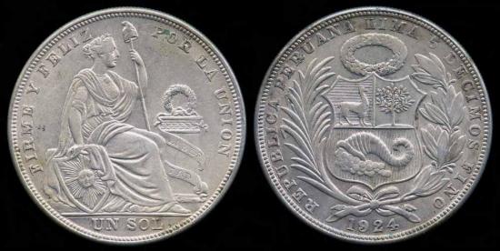 World Coins - 1924/824 Peru 1 Sol AU