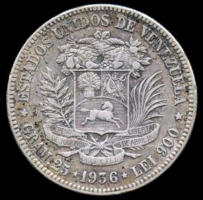 World Coins - 1936 Venezuela 5 Bolivares XF