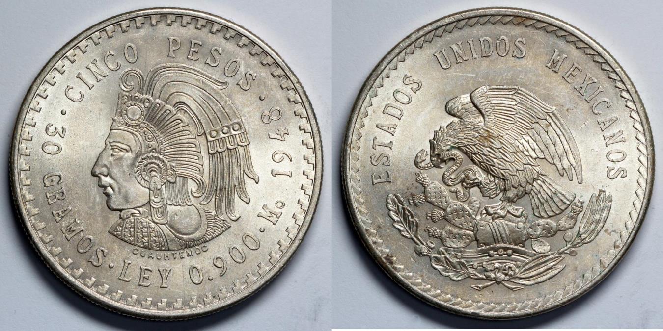 1948 Mo Mexico 5 Peso Cuauhtemoc BU Silver North Central