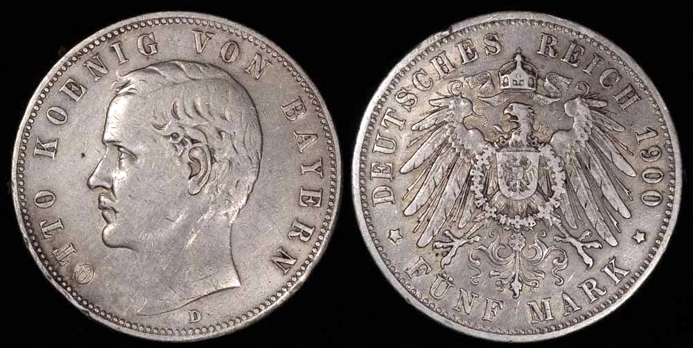 1900 D Germany - Bavaria 5 Mark - Otto Koenig - XF Silver