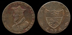 World Coins - 1794 Great Britain -  LANCASHIRE - Lancaster  "John of Gaunt" Halfpenny Condor Token - F
