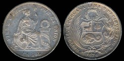 World Coins - 1874 YJ Peru 1 Sol XF