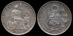 World Coins - 1869 Y.B Peru 1 Sol XF