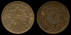 World Coins - 1869 H Uruguay 2 Centesimos UNC