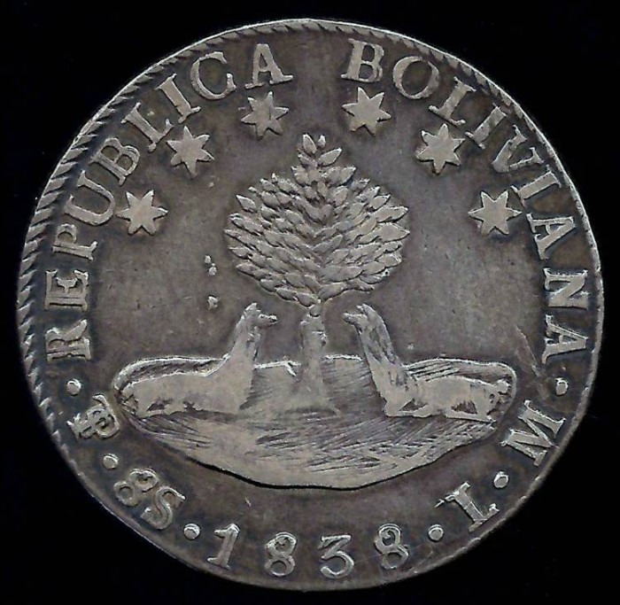 1838 LM-PTS Bolivia 8 Soles - Simon Bolivar - XF | South American
