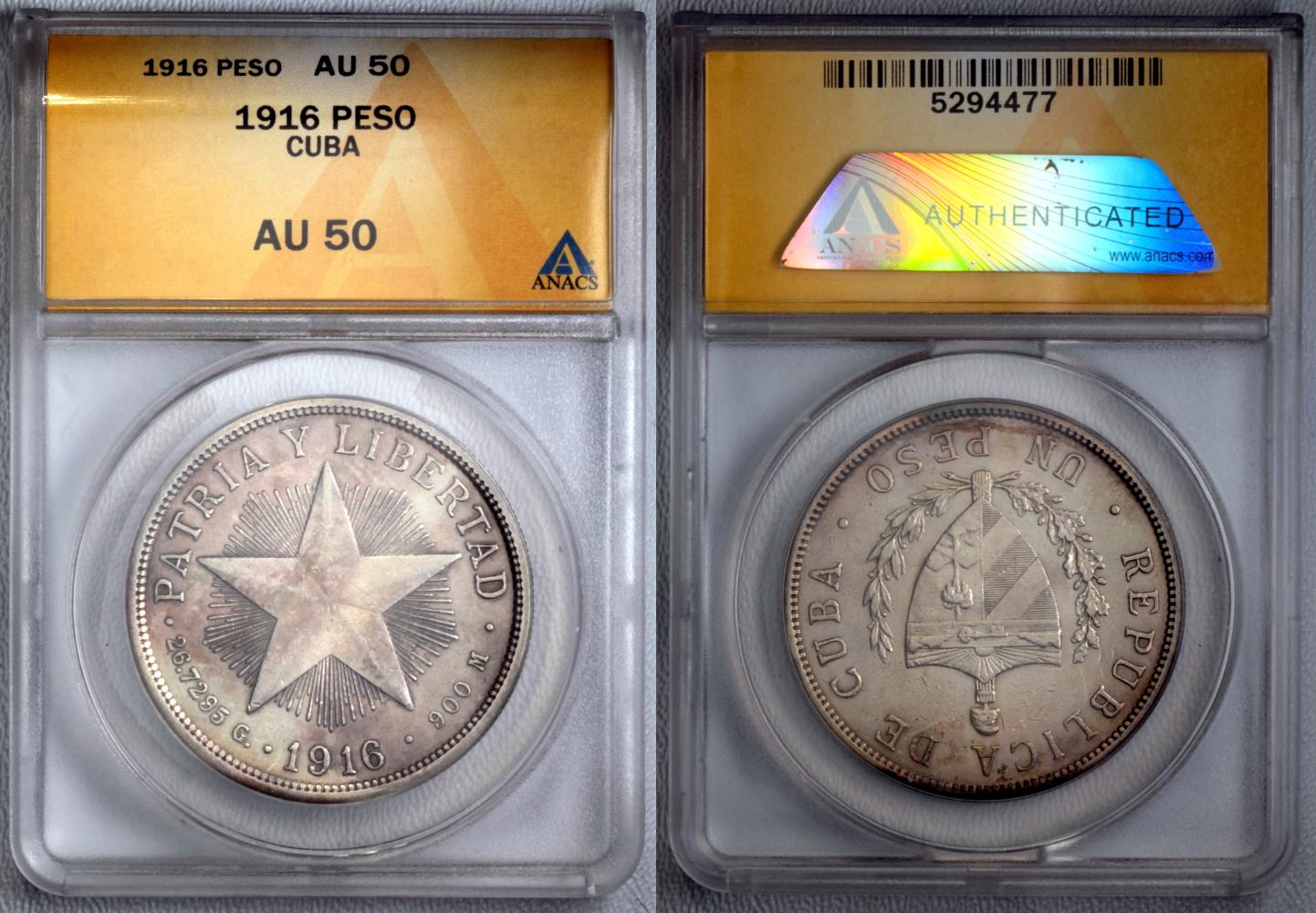 【Yoshi】Cuba Star Coin 1916 Cuba 1 Peso – Low Relief Star – 1st Republic – ANACS AU-50