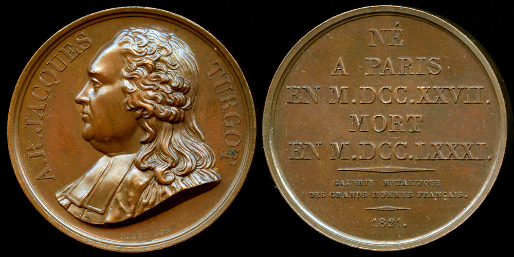 1821 France - Anne-Robert-Jacques Turgot, Baron de Laune, French economist  and statesman by Antoine Desboeufs for the Galerie Metallique des Grands  Hommes Francais
