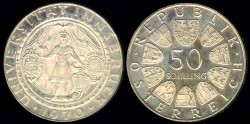 World Coins - 1970 Austria 50 Schilling - 300th Anniversary of Innsbruck University (Tiny Mintage of only 11,700 pieces were struck) Proof Silver