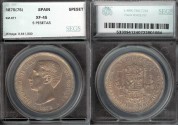 World Coins - 1875 (75) DE-M Spain 5 Peseta - Alfonso XII - SEGS XF45