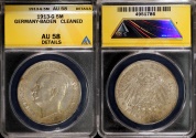 World Coins - 1913 G Baden (German State) 5 Marks ANACS AU58