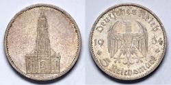 World Coins - 1934 E Germany 5 Reichsmark - Third Reich - Potsdam Garrison Church - Muldenhutten Mint - Silver AU