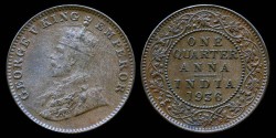 World Coins - 1936 B India (British) 1/4 Anna AU