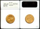 World Coins - 1873 Great Britain 1 Sovereign - Queen Victoria - Shield - ANACS AU55 - Gold