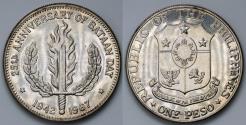 1967 Philippines 1 Peso - 25th Anniversary of Bataan Day Silver