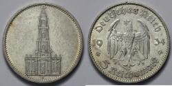 World Coins - 1934 F Germany 5 Reichsmark - Third Reich - Potsdam Garrison Church - Stuttgart Mint - XF Silver