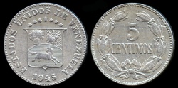 World Coins - 1945 Venezuela 5 Centimos XF