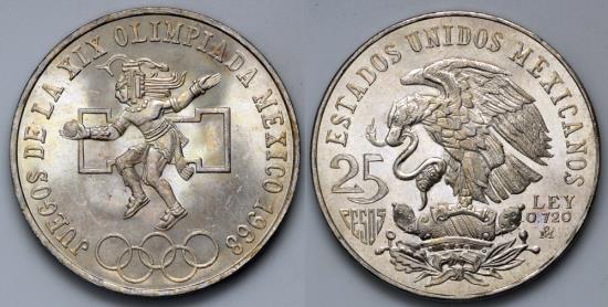 1968 Mo Mexico 25 Pesos - Type I - XIX Olympic Games Commemorative - BU ...