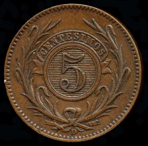 World Coins - 1857 D Uruguay 5 Centesimos AU