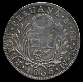 World Coins - 1835 MM Peru 8 Reales VF