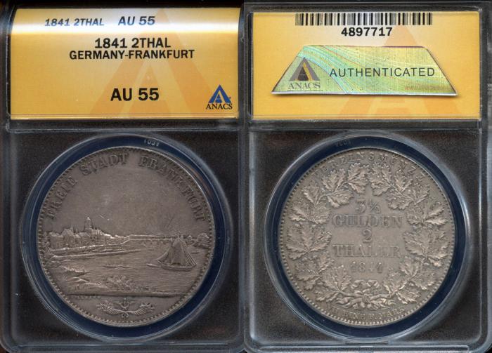 お手頃価格 Gulden 3-1/2 / Thaler 2 Frankfurt 1841 - AU55 ANACS - View City ヨーロッパ