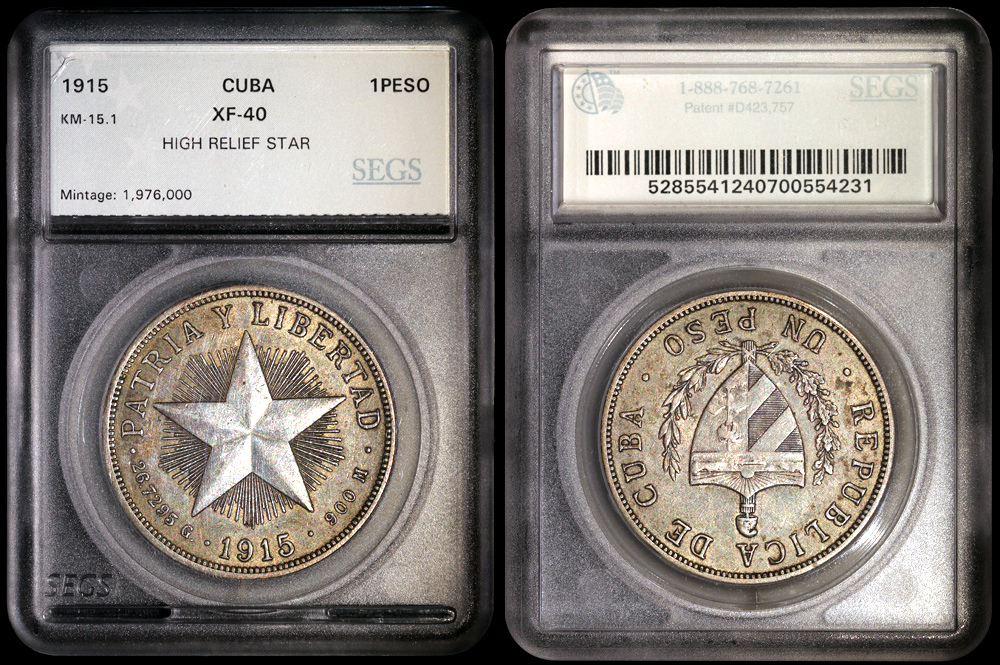 1915 Cuba 1 Peso - Star Peso High Relief Star - SEGS XF40