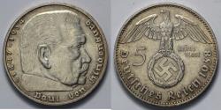 World Coins - 1938 J Germany 5 Reichsmark - Third Reich - AU Silver