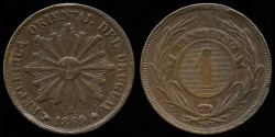 World Coins - 1869 H Uruguay 1 Centesimo AU
