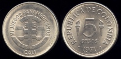 World Coins - 1971 Colombia 5 Peso (Pan-American Games Commemorative) BU