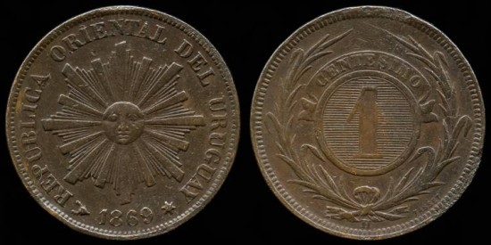 World Coins - 1869 H Uruguay 1 Centesimo AU