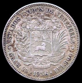 World Coins - 1936 Venezuela 5 Bolivares AU