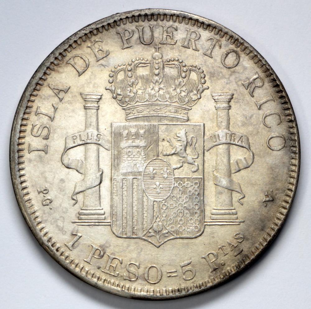 1895 PGV Puerto Rico 1 Peso - Colonial Coinage - AU | North