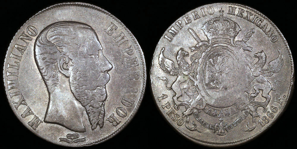 1866 Pi Mexico (Empire of Maximilian) 1 peso VF - Inverted